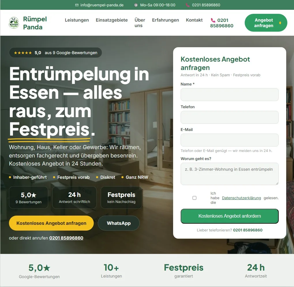 Von uns gebaute Website für Rümpel Panda – Entrümpelung in Essen